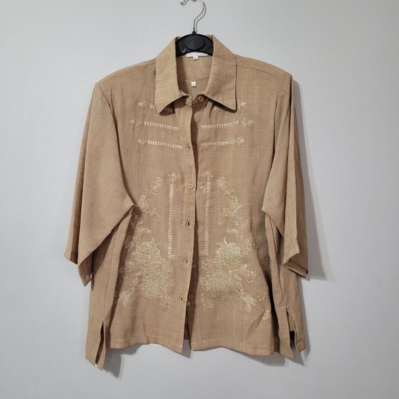 Vintage linen button down shirt and shell, tan, large - Picture 2 of 12